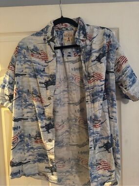 RedHead Men's Casual Button-Down Shirt - Blue, White, Red Flag Print